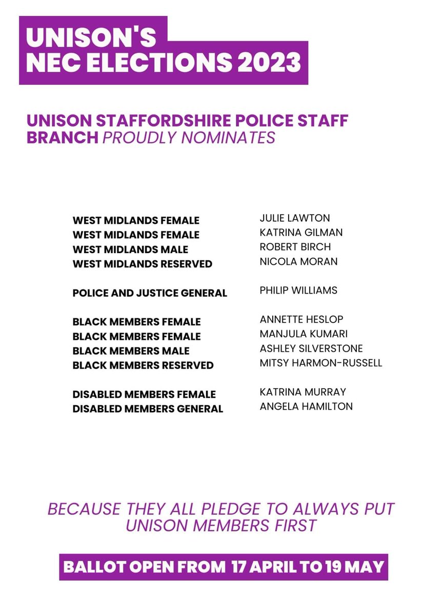 You only have a few days left to make your voice heard in the UNISON National Executive Council (NEC) elections. This is your opportunity to help shape the future of your union; cast your vote now. Staffordshire Police Branch has nominated these as our preferred candidates
