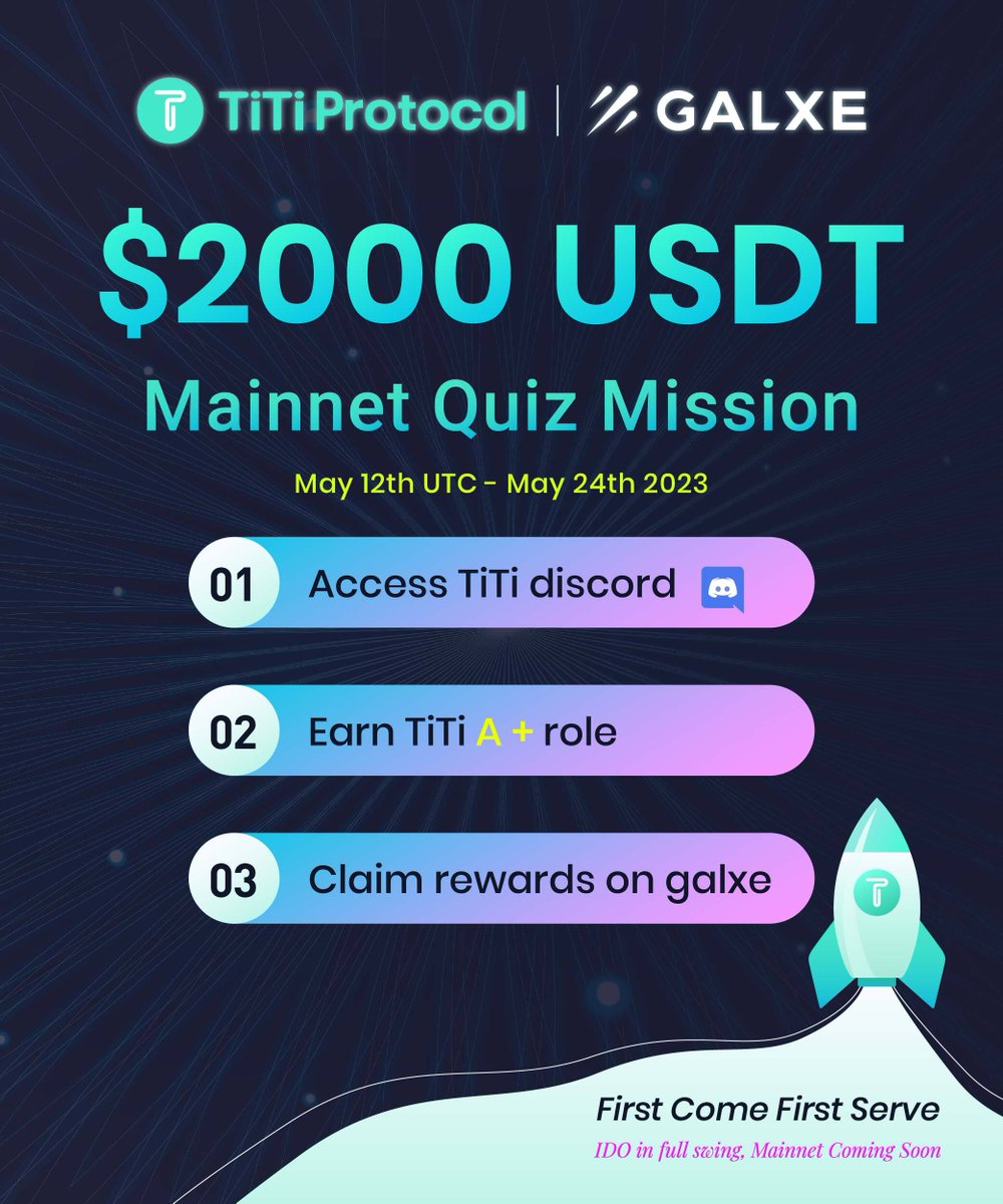 🔥$2000 USDT Giveaway
📣TiTi #Mainnet Quiz Mission Phase 1 

✅First come First Serve
JOIN NOW 👇galxe.com/TiTiProtocol/c…
📌lDO in full swing, Mainnet Coming Soon!

Details 
blog.titi.finance/welcome-to-tit…