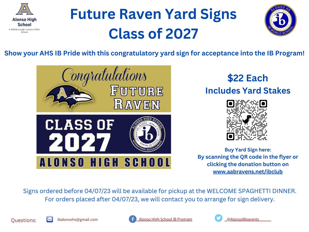 IB Raven Class of 2027, get your Spirit Wear and yard sign to celebrate your journey in IB at Alonso!
<a href="/AlonsoIBParents/">AlonsoIBParents</a> 
<a href="/DavidsenDragons/">Davidsen Dragons</a> 
<a href="/FarnellFalcons/">Farnell Middle School</a> 
<a href="/WalkerMiddleIB/">Walker Middle Magnet IB World School</a> 
<a href="/webbmiddle/">Webb Middle School</a> 
<a href="/rpk8magnet/">Roland Park K-8 IB World School</a>