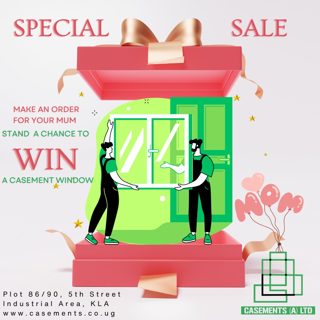 casementsug's tweet photo. Celebrate Mother's Day with our special sale, order a gift for your mum and stand a chance to win a free Casement window.
#MothersDaySale #GiftsForMum #AlamGroup #Construction #Windows #AluminiumWindows #SteelWindows #Win #CasementWindows #Uganda #KampalaPotholeExhibition https://t.co/tYIoSR2rG5