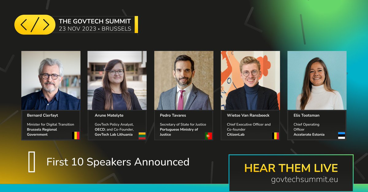 The GovTech Summit (@sommetgovtech) on Twitter photo Check out the first 10 global #GovTech leaders joining us on 23 Nov to rethink how governments operate in a #digital world 💡
Learn & #network with <a href="/BernardClerfayt/">Bernard Clerfayt</a>, <a href="/arunemat/">Arune</a>, <a href="/ptavares/">Pedro Tavares</a>, <a href="/WietseVR/">Wietse Van Ransbeeck</a>, #ElisTootsman & more at the #GovTechSummit
Register 🟡 govtechsummit.eu Check out the first 10 global #GovTech leaders joining us on 23 Nov to rethink how governments operate in a #digital world 💡
Learn & #network with <a href="/BernardClerfayt/">Bernard Clerfayt</a>, <a href="/arunemat/">Arune</a>, <a href="/ptavares/">Pedro Tavares</a>, <a href="/WietseVR/">Wietse Van Ransbeeck</a>, #ElisTootsman & more at the #GovTechSummit
Register 🟡 govtechsummit.eu