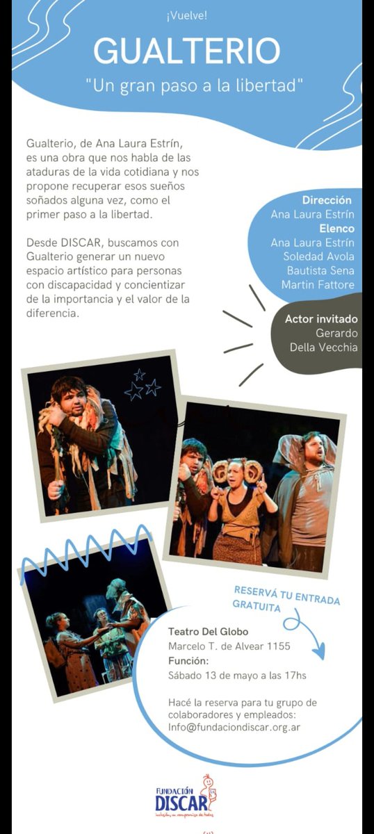 LuisBorzone's tweet photo. En ABM la inclusión social no es una declamación vacía. 

Se practica, ayudando a todos los que la practican sin declamaciones.

Por eso, mañana a las 17 los esperamos en el Teatro del Globo, donde la Fundación Discar presentará nuevamente la obra inclusiva Gualterio. 

No faltes https://t.co/iPeIn3WOpI