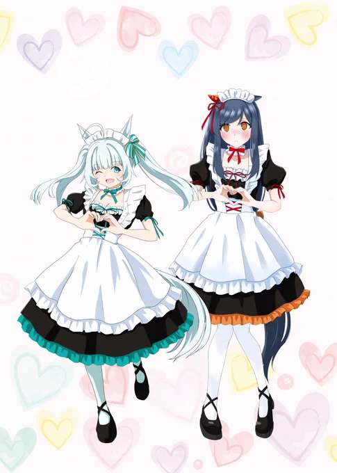 「萌え萌え、きゅーん!」 「……きゅーん(小声)」  こういう時リセはノリノリで、ミレイはネイチャさんが絡まなければ恥ずかしさの方が勝ると思います (でもリセに誘われたらやる←)  #メイドの日 #再臨の炎