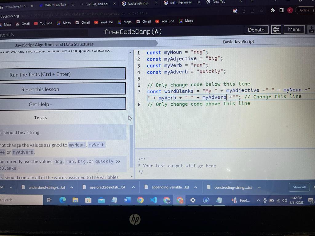 generalsanwo's tweet photo. Day 3&amp;4 learning  JavaScript with  @freeCodeCamp.
I continued learning JS basics with word blanks, using the string concatenation operator(+) to build a string with variables myNoun, myAdverb, myAdjective, and myVerb. here is my guide and solution, I added space before and after https://t.co/1i4L4ueNwt