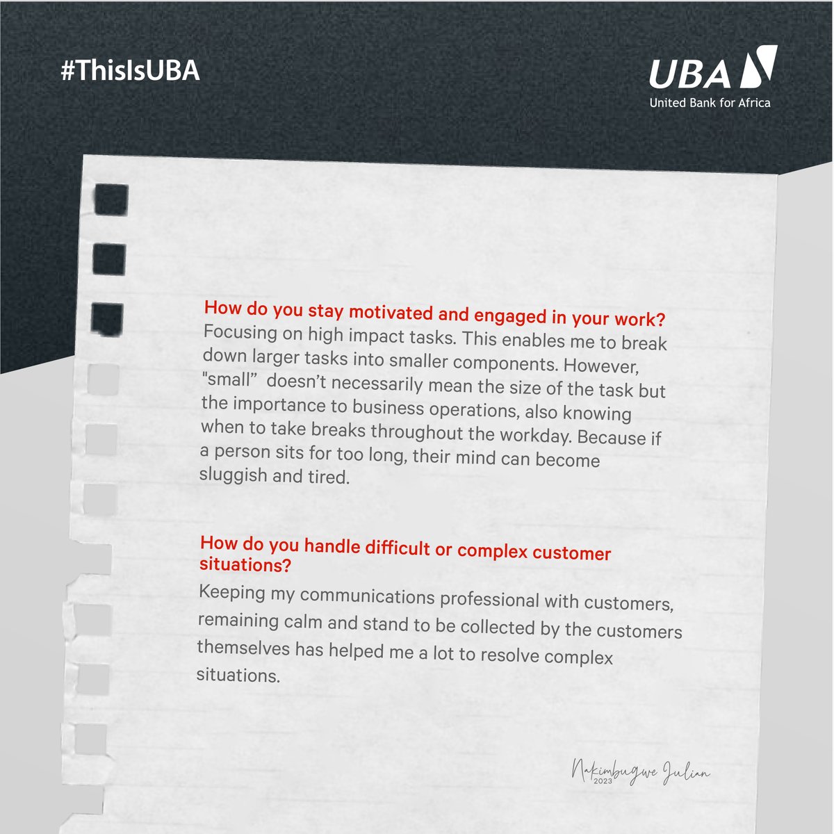 UBAUganda's tweet photo. We're proud to have Julian as part of the UBA team, and we know you'll be impressed by her dedication and expertise. Follow our #ThisIsUBA campaign to learn more about Julian and the rest of our amazing staff. #customerservice #GreatPlaceToWork https://t.co/KBIk7bymg6
