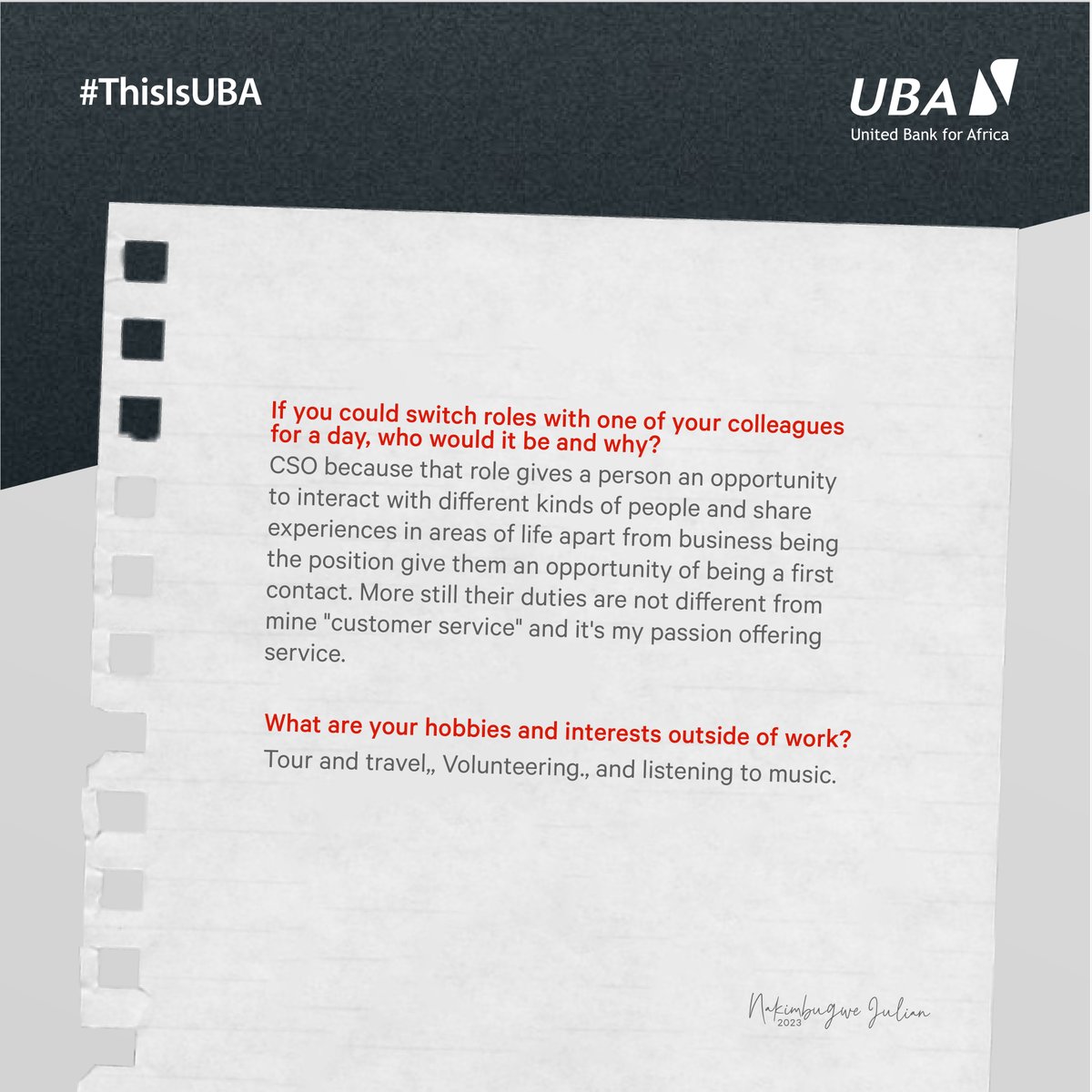 UBAUganda's tweet photo. We're proud to have Julian as part of the UBA team, and we know you'll be impressed by her dedication and expertise. Follow our #ThisIsUBA campaign to learn more about Julian and the rest of our amazing staff. #customerservice #GreatPlaceToWork https://t.co/KBIk7bymg6