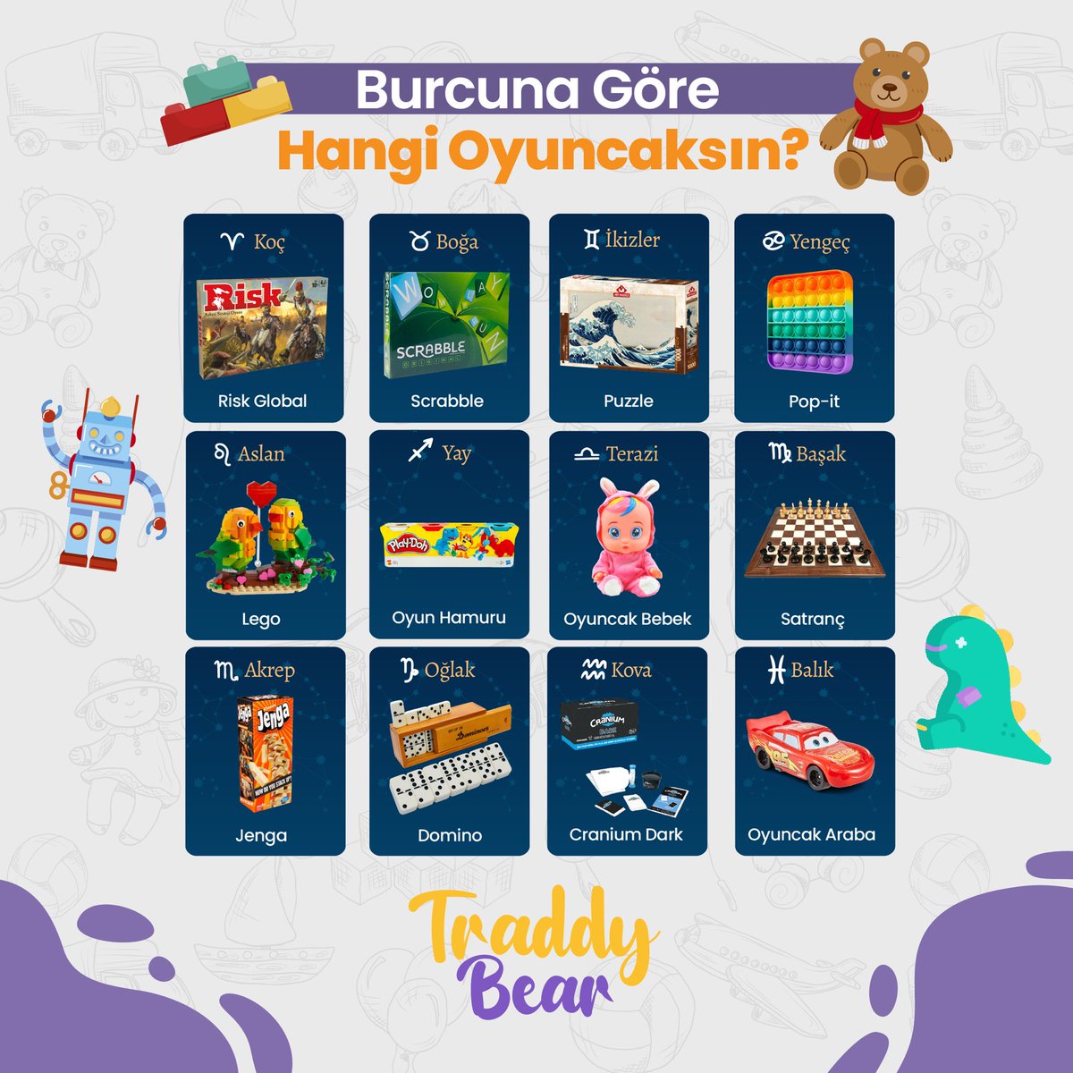 traddybear's tweet photo. Peki siz burcunuza göre hangi oyuncak olduğunuzu düşünüyorsunuz? 🧸 

#oyuncak #burç https://t.co/MTGPw61jV2