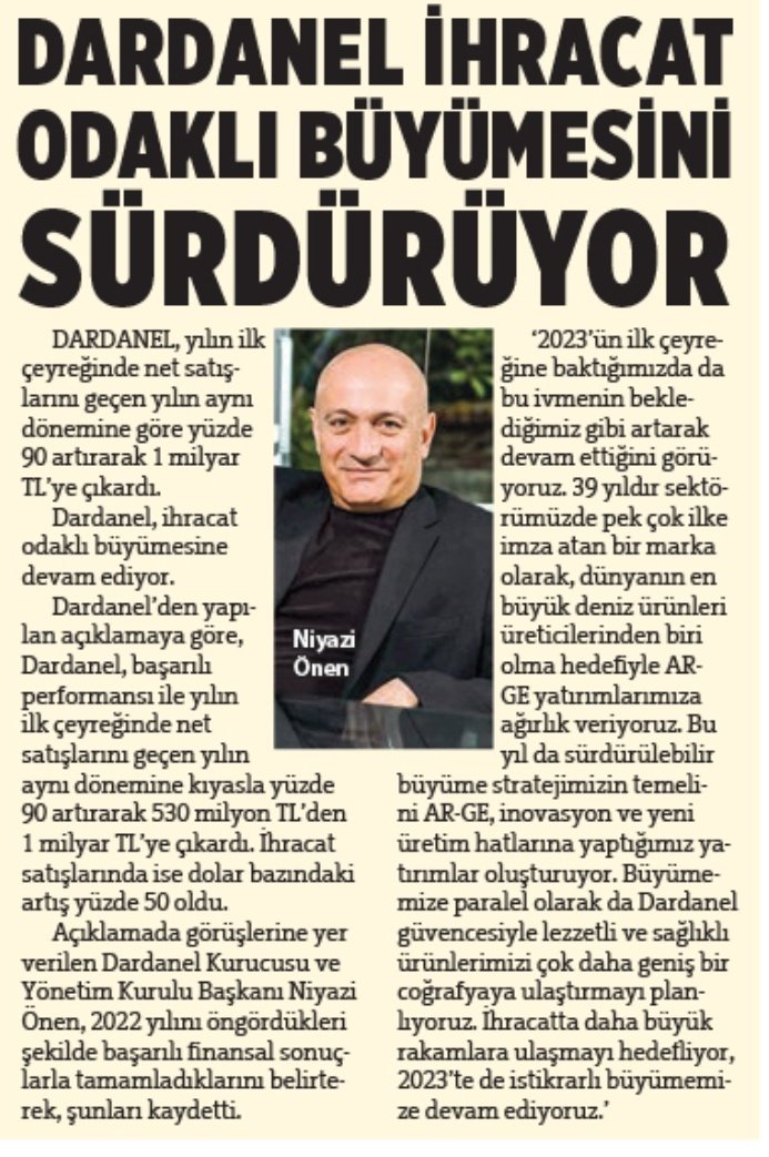 #DARDL Dardanel İhracat Odaklı Büyümesini Sürdürüyor 

YeniBirlik