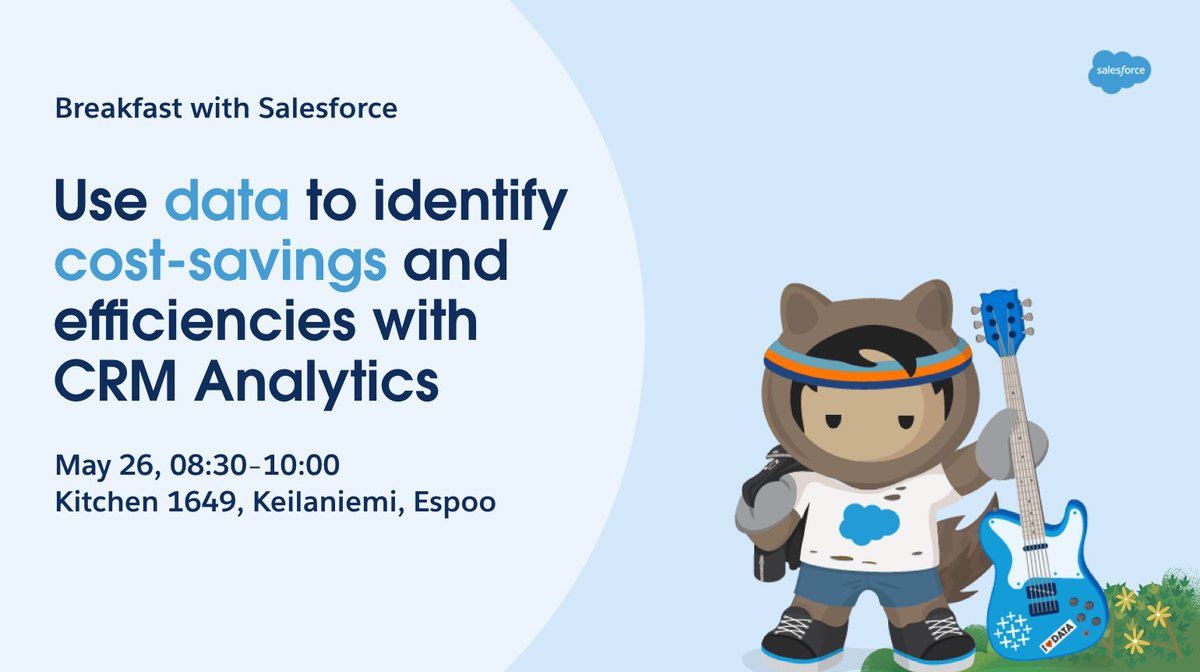 📣 Aamiaista ja analytiikka-asiaa tarjolla 26.5. Espoon Keilaniemessä. 📣

Tässä aamiaistilaisuudessa opit, kuinka CRM Analytics auttaa yritystäsi säästämään rahaa ja tehostamaan toimintaa. 🍇

Ilmoittaudu mukaan! ⬇️
invite.salesforce.com/breakfastwiths… <a href="/tableau/">Tableau</a>