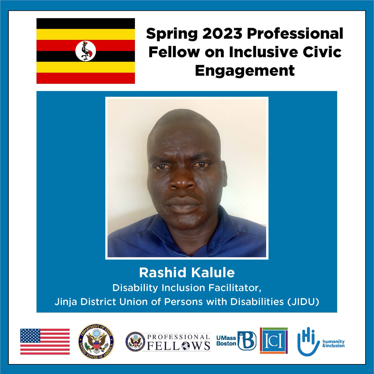 We welcome, #ProFellows Rashid Kalule! Rashid will work  on his inclusive civic engagement project to increase the # of persons w/cerebral palsy engaged in disability advocacy.
@ECAatState @ICInclusion @HI_EARegion 
#ExchangeOurWorld #CitizenDiplomacy