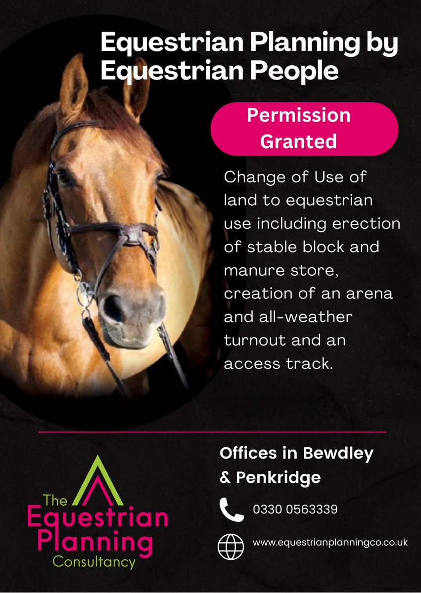 eldnarconsult's tweet photo. Planning permission granted for Change of Use to #equestrian, erection of stable block and manure store, creation of  arena and all weather turnout and an access track. #equine #planning #stables #rural #changeofuse #Staffordshire #Cannock #Penkridge #Bewdley #WorcestershireHour https://t.co/nQqRselnc7