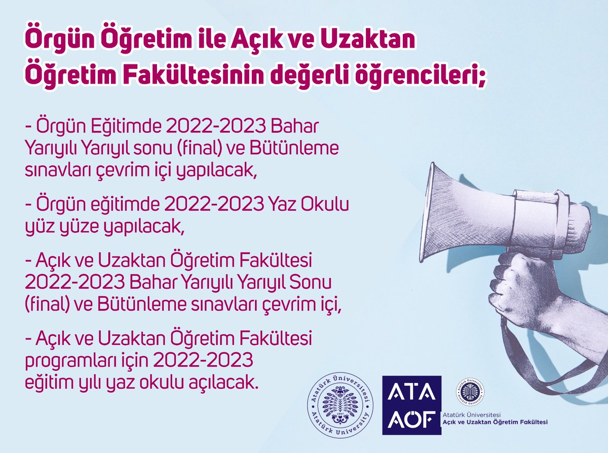 📢 Örgün Öğretim ile Açık ve Uzaktan Öğretim Fakültesinin değerli öğrencileri ‼️

📌 Örgün Eğitimde 2022-2023 Bahar Yarıyılı Yarıyıl sonu (final) ve Bütünleme sınavları çevrim içi yapılacak,

📌 Örgün eğitimde 2022-2023 Yaz Okulu yüz yüze yapılacak,

📌 Açık ve Uzaktan Öğretim