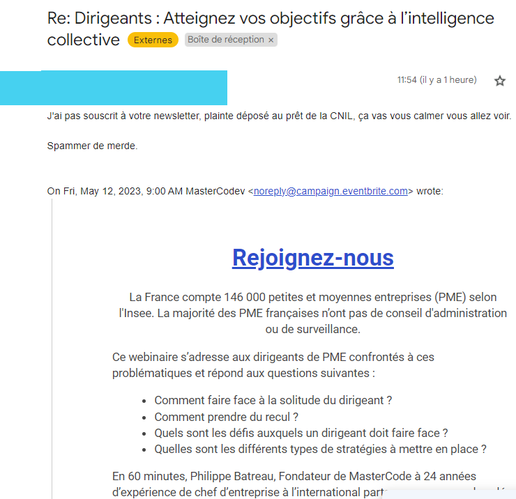 pbatreau's tweet photo. J'organise un webinaire sur l'intelligence collective au service du dirigeant. 😀
https://t.co/7ccFSxlcSG 
Voici une réponse à ma "newsletter", premier et unique message reçu.
Je devrais peut être faire aussi un webinaire sur l'orthographe, notamment. 
#mastercodev #codev https://t.co/8BqPdMnJjM