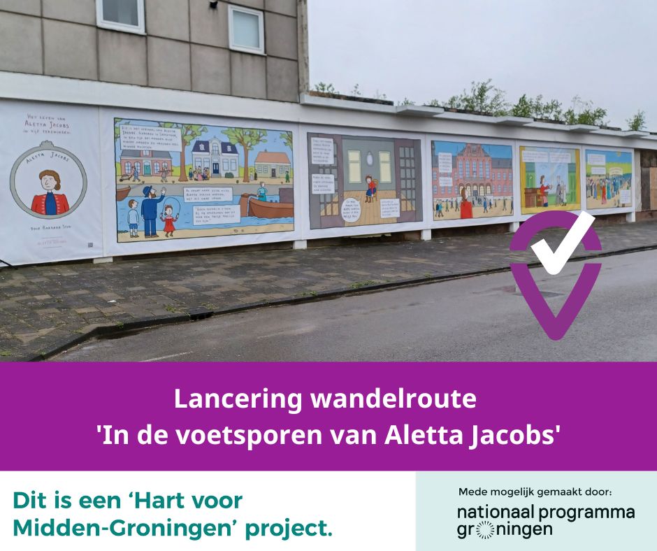 Middengroningen's tweet photo. Woensdag is de wandelroute ‘In de voetsporen van Aletta Jacobs’ geopend bij het tijdelijk omgetoverde ‘Aletta Jacobspand’. Het pand is versierd met een stripverhaal (Barbara Stok). En studenten van het dr. Aletta Jacobs College hebben kunstwerken gemaakt. https://t.co/0dqpaxxazu https://t.co/1C6d1L3ECk