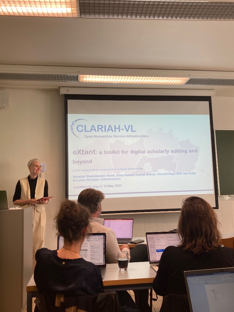 ClariahV's tweet photo. Today all our collaborators are gathering in Brussels for a CLARIAH-VL day full of presentations and demos. Lamyk Bekius (@platform_dh) starts the afternoon with an exploration of 'eXtant (previously called Manuscript Web): a toolkit for digital scholarly editing and beyond' https://t.co/1ZPy0WKCSb