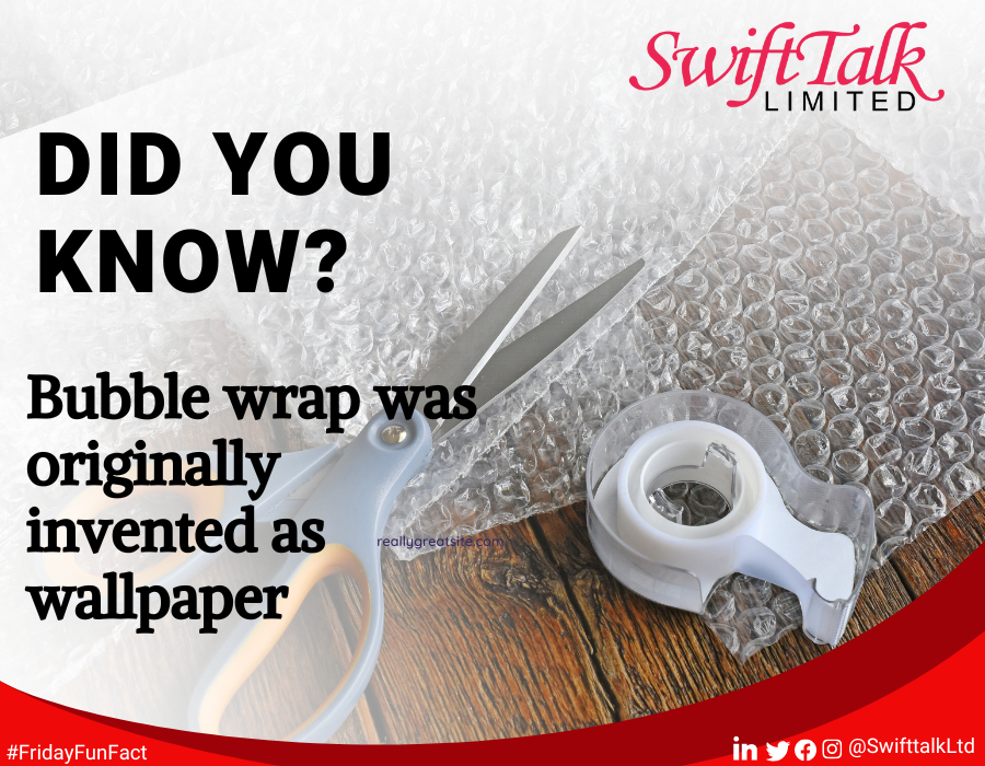 #TGIF

DID YOU KNOW? 👆

Bubble wrap was originally invented as wallpaper.

#SwiftTalkLtd
#InternetServiceProvider
#FridayFact
#EnablingInternetPoweredServices