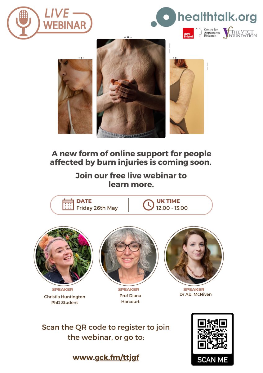 🎉Exciting News! 🌟 Join us for a FREE online #webinar this May! 🙌

🔎Learn all about the new online resource for people affected by burn injuries!

👉Great for all those affected by #burns and those working within burns health care. 

📲 Scan the QR code to register.