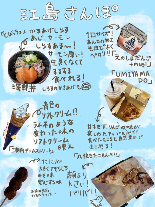 食べすぎて1枚に収まらなかった「江ノ島食べ歩き記録🏖️」ですみゅ!  字は読めればいいんですよ読めれば…