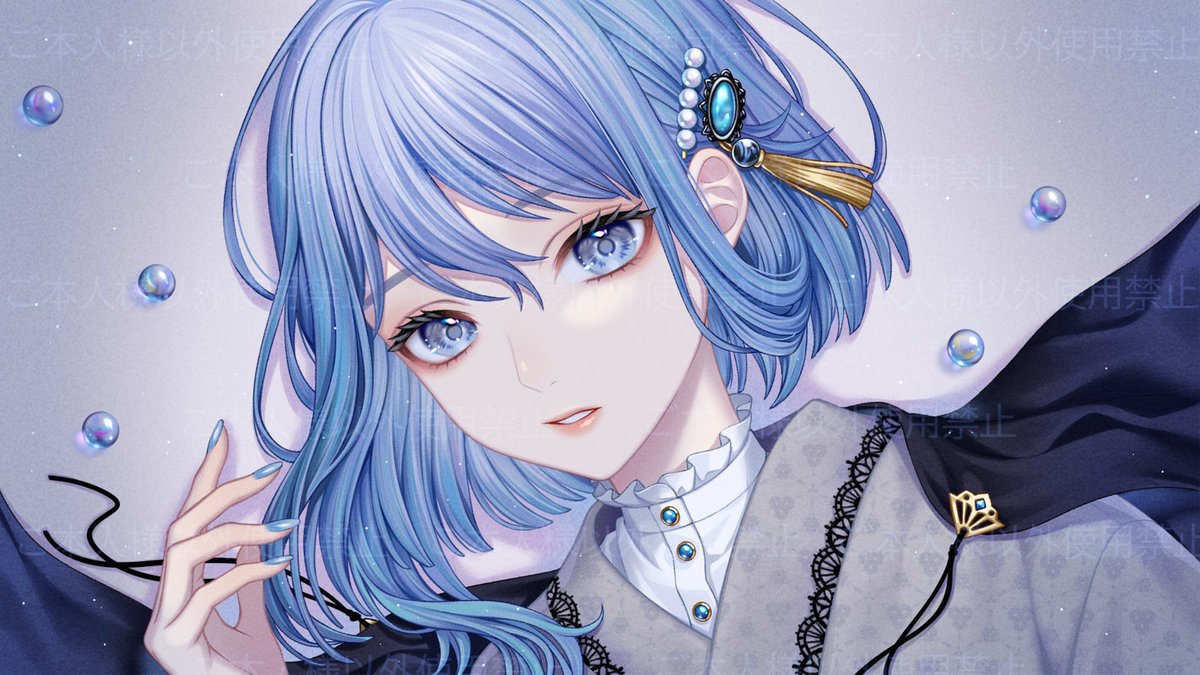 blue hair solo blue eyes looking at viewer parted lips blue nails 1girl  illustration images