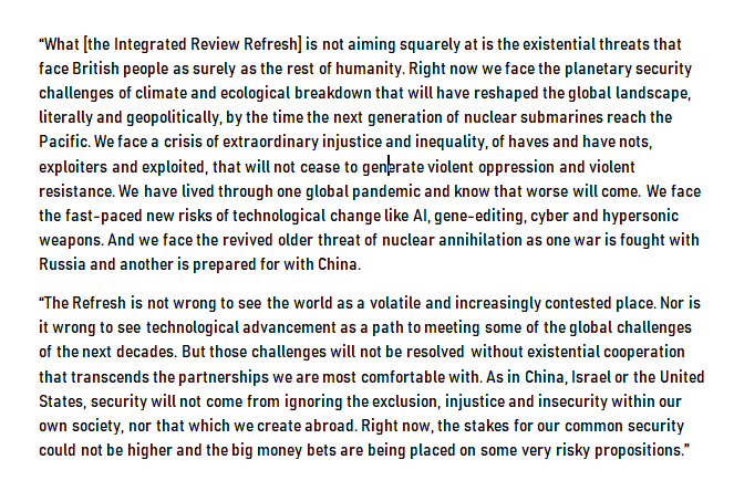 RethinkingSecu1's tweet photo. It's 2 months since the UK released its Integrated Review Refresh.
We analysed the #IRR23 and were concerned by its continued shift away from the existential cooperation critical to tackle the environmental & social crises threatening us all.
A🧵on why.
https://t.co/TVj5vsjYid https://t.co/GuBTvyUzal