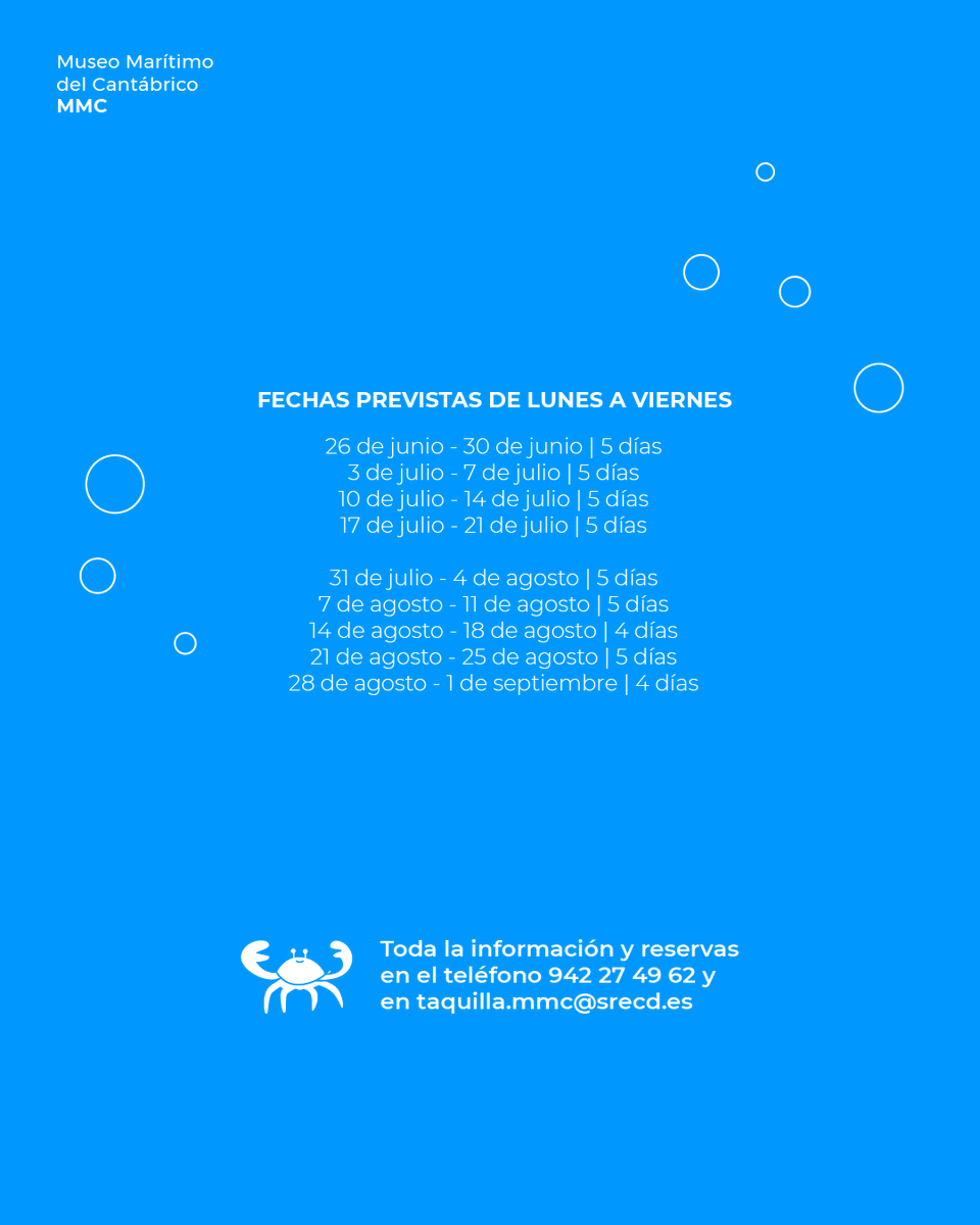 Museos de Cantabria (@museoscant) on Twitter photo 💥El #MuseoMarítimo abre mañana a las 10:00h la inscripción para los campus semanales de verano, que se realizarán de junio a septiembre.
ℹ️ Más información y reservas en el 942 274 962 o en taquilla.mmc@srecd.es 💥El #MuseoMarítimo abre mañana a las 10:00h la inscripción para los campus semanales de verano, que se realizarán de junio a septiembre.
ℹ️ Más información y reservas en el 942 274 962 o en taquilla.mmc@srecd.es