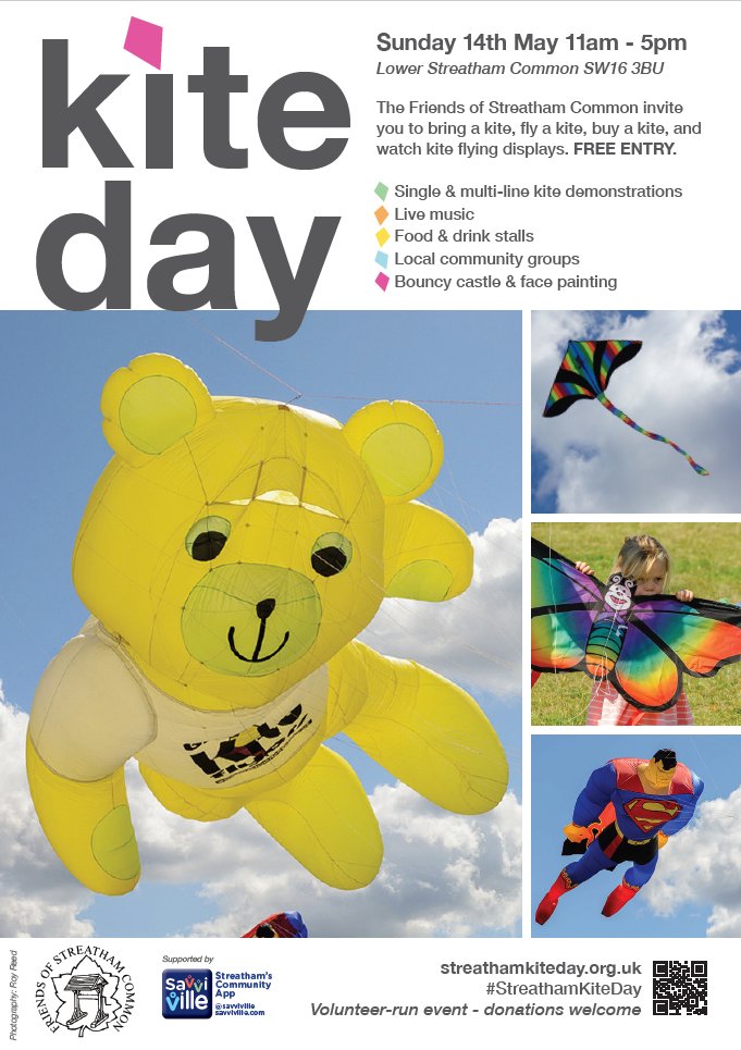 Rookery100's tweet photo. London's best kite festival returns Sunday 14th 11-5pm at #Streatham Common. And it's FREE.  Bring a picnic, watch the amazing kite displays, listen to the live band, fly a kite &amp; meet local community orgs &amp; charities.  Food, drink, kites &amp; bouncy castles available for purchase. https://t.co/vRSa36FlXF