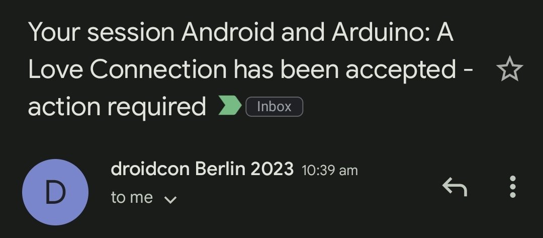 Aaaaaa this year got even better! I'll be speaking at <a href="/droidconBerlin/">droidcon Berlin</a> 🐙 about Android and Arduino's not-so-forbidden love (there might even be a tentacle demo 😉) #dcbln23 #AndroidDev