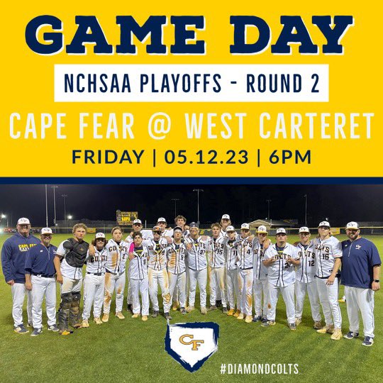 CFColtsBaseball's tweet photo. #DiamondColts travel to Morehead City today to take on the West Carteret Patriots in the 2nd Round of the NCHSAA 3A playoffs. If you can make the trip, come out and support the guys! #SurviveAndAdvance https://t.co/Jw5T1ittY1