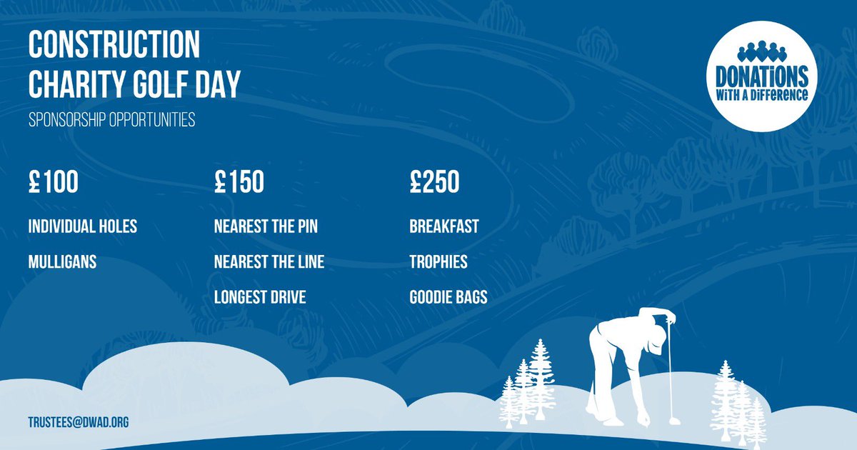 Sponsorship opportunities still available for our sell-out #construction #charity golf day! 🏌️‍♀️⛳️🏌️

Do contact us for availability if you would like to support our fundraising! 💙🤍

Email: Trustees@dwad.org