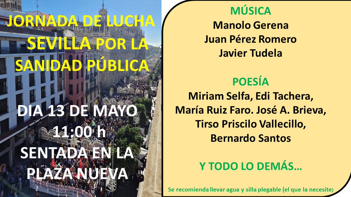 #SanidadPúblicaDeCalidad
🗓 Sábado 13 Mayo
⏰️ 11:00h
🏫 Plaza Nueva
#NoFaltes #AljarafeDespierta
<a href="/portusanidad/">Marea Blanca Sevilla</a> <a href="/SebasMartnRecio/">Sebas Martín Recio</a>