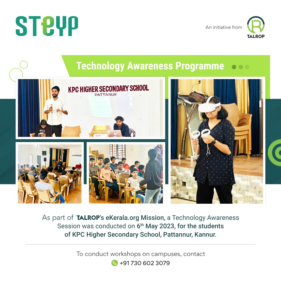 steypworld's tweet photo. As part of Talrop's https://t.co/wR4RQmsD8h Mission, a Technology Awareness Session was conducted on 6th May 2023, for the students of KPC Higher Secondary School, Pattannur, Kannur.

#Steyp #Talrop #eKeralaMission #Workshop https://t.co/Zt7m2tRBK1