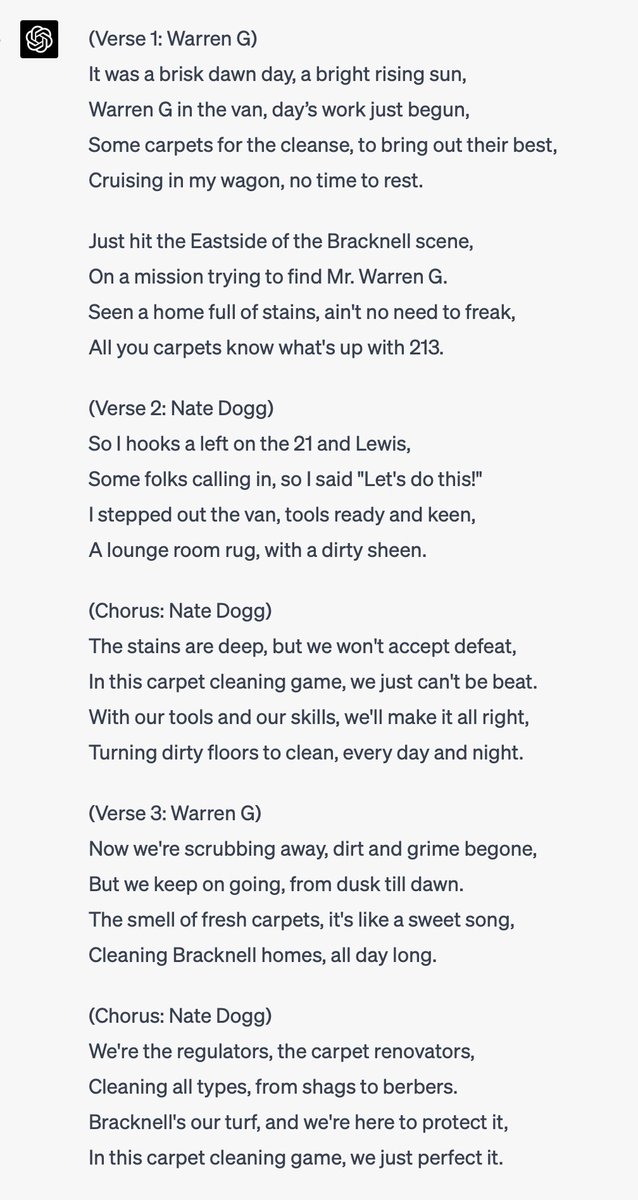 I asked ChatGPT to re-write the lyrics to 'Regulate' and make them all about running a small carpet cleaning business in Bracknell. I have to say, the result is delightful.