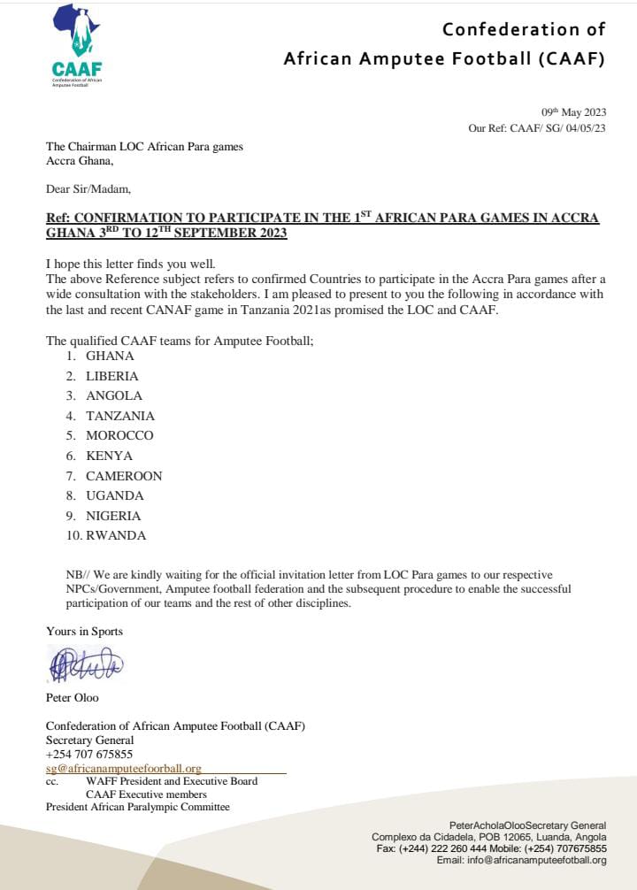 CONFIRMED: Confederation of African Amputee Football hand participation slots to 10 country's for the upcoming 1st African Para Games in Accra

<a href="/CAAFootball/">CAA Football</a> <a href="/Paralympics/">Paralympic Games</a> <a href="/moysgovgh/">Sports & Recreation.</a> <a href="/Gh_NSA/">National Sports Authority, Ghana</a>