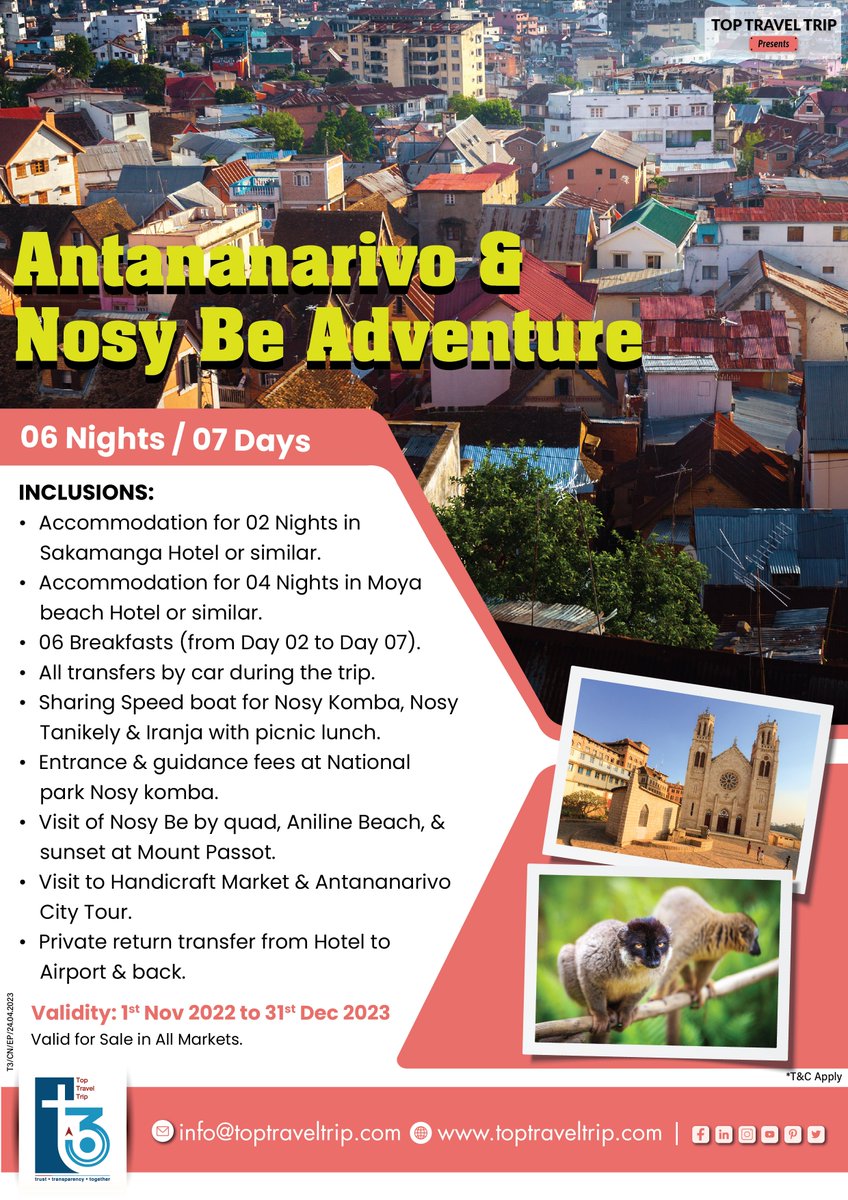 Antananarivo & Nosy Be Adventure!

📷Visit us: toptraveltrip.com
📷Read on: blog.toptraveltrip.com

#t3 #toptraveltrip #B2Bonlinetravelservice #travelbusinesspartners #travelagency #holidaypackages #antananarivo #nosy