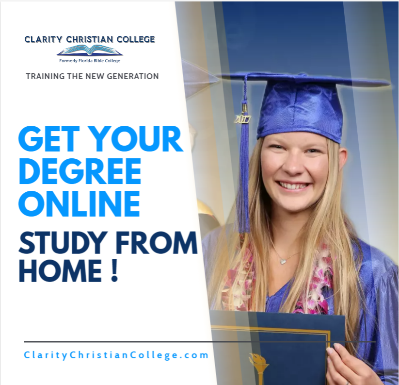 You can earn your Biblical Degree online.
Apply Now at ClarityChristianCollege.com

#Gospelize #ClarityChristianCollege formerly #FloridaBibleCollege