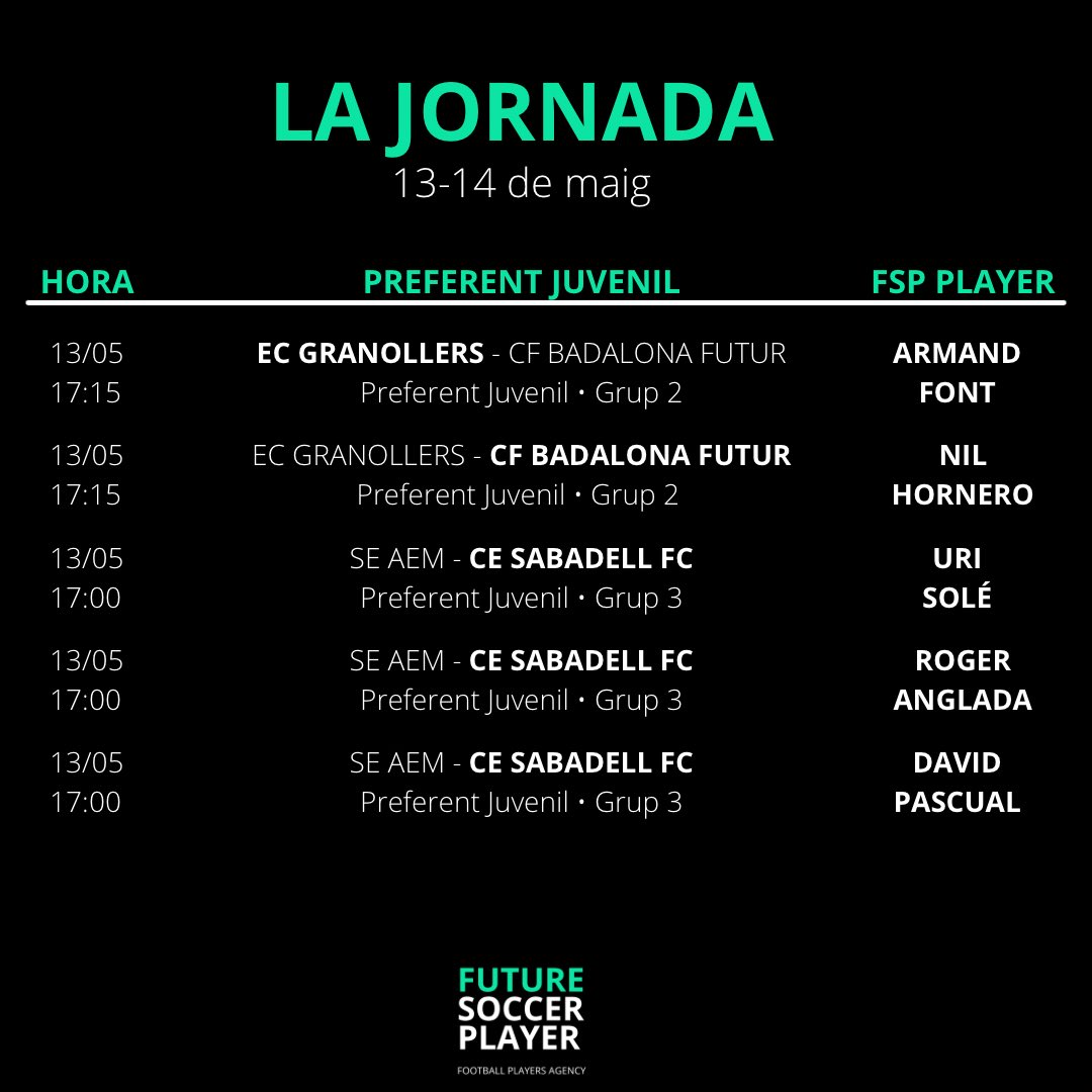 fsp_management's tweet photo. Els partits dels nostres jugadors d’aquest cap de setmana. Molta sort a tots! 💪🏼 #WeAreFSP https://t.co/H2aEXB0sKG