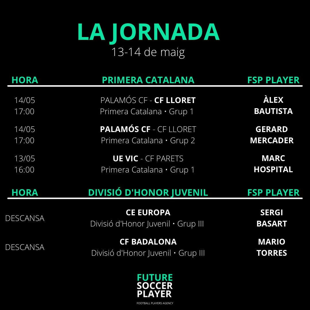 fsp_management's tweet photo. Els partits dels nostres jugadors d’aquest cap de setmana. Molta sort a tots! 💪🏼 #WeAreFSP https://t.co/H2aEXB0sKG