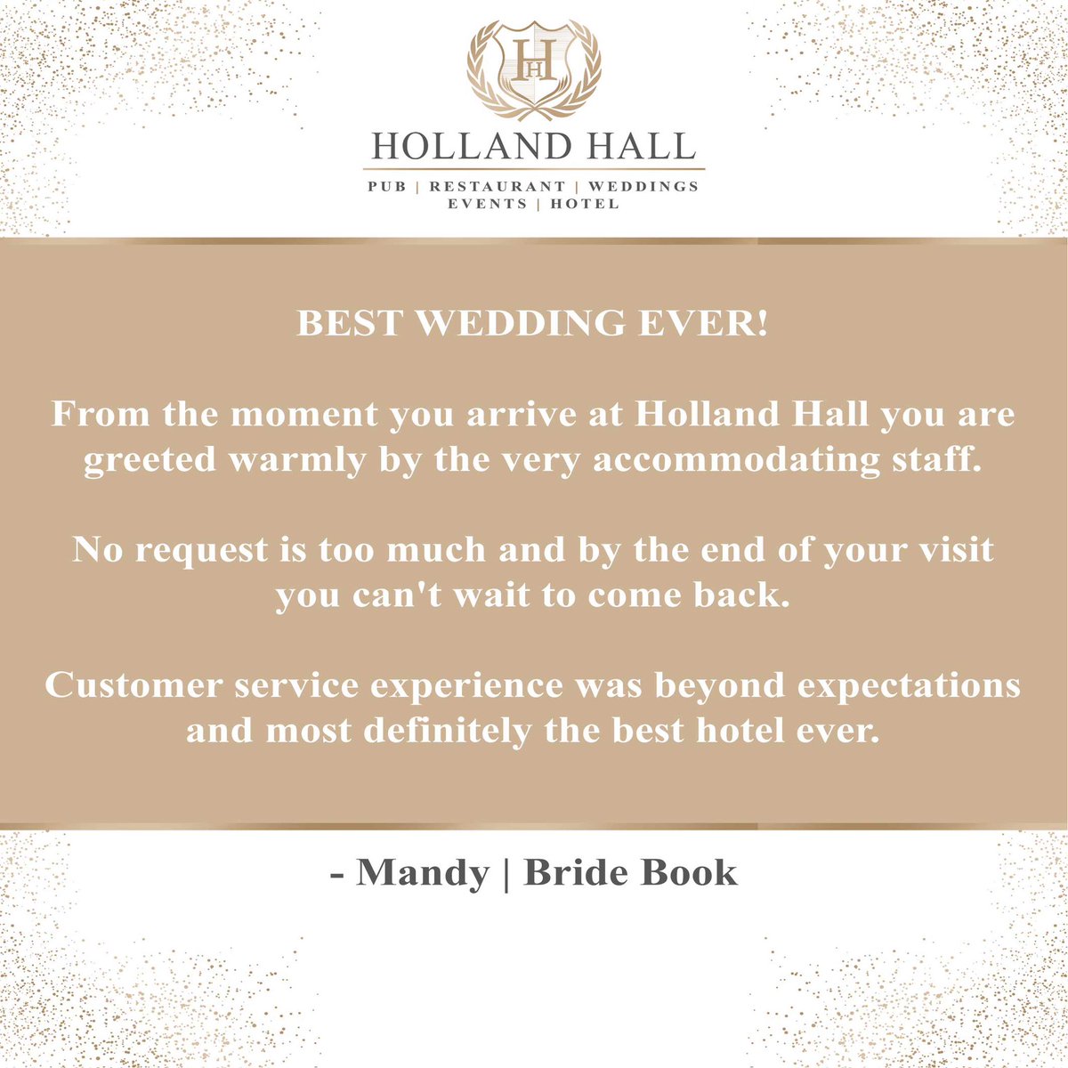 ⭐️ BEST WEDDING EVER! ⭐️

Thank you so much Mandy for your absolutely amazing review, we really appreciate it ! Holland Hall Team. 💗❤️🫶🏼

#ThankYou #GreatReview #GreatFood #GreatService #GreatVenue #wearehollandhall