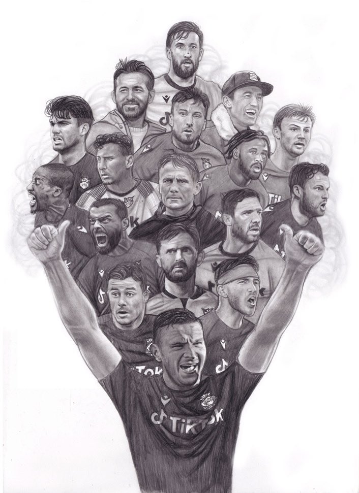 My pencil drawing of <a href="/Wrexham_AFC/">Wrexham AFC</a>’sNational League winning squad. I just had to include <a href="/VancityReynolds/">Ryan Reynolds</a> and <a href="/RMcElhenney/">Rob Mac</a> too☺️✍️🔴 

The players featured are those who played the most during the season.

As always Retweets are always appreciated 👍

#Wrexham <a href="/WrexhamFX/">Welcome to Wrexham</a>