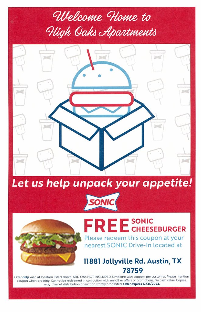 HighOaksTX's tweet photo. We want to welcome you home to High Oaks with a free Sonic Drive-In cheeseburger! 

#WeLoveOurResidents #SonicDrivein #Austin #HighOaks #LuxuryRentals #LoveWhereYouLive @sonicdrivein https://t.co/boUUjCZoYF