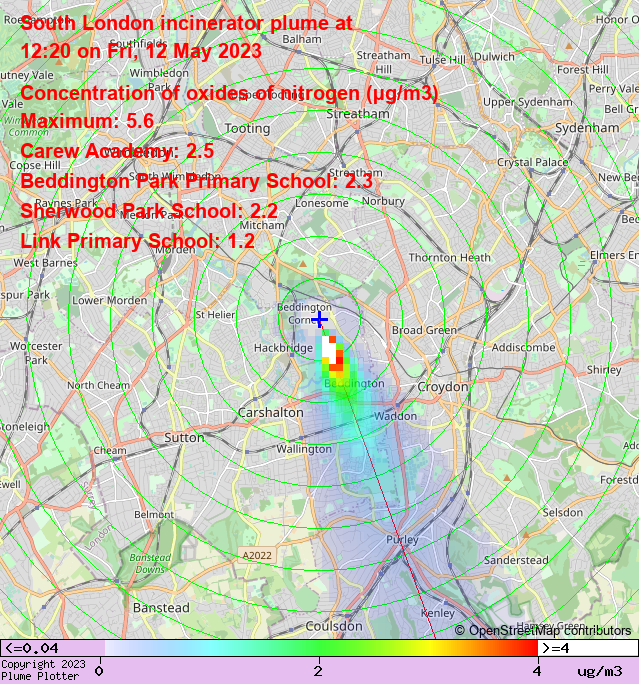 plumeplotter's tweet photo. Latest South London incinerator plume plot, 12:20  12/05/23 #Bandonhill #Wallington #Roundshaw  https://t.co/qArVHySiNA https://t.co/RdxqN6KDTf