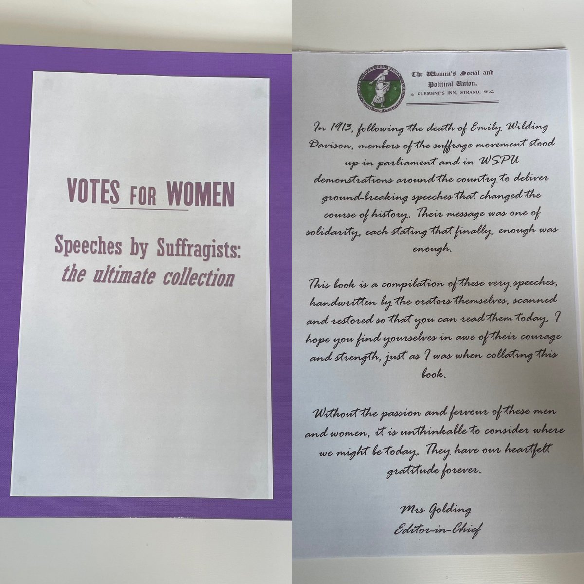 ASJSASIS's tweet photo. #Y6 were so inspired by ‘Suffragette: The Battle for Equality’ by David Roberts & wrote incredible persuasive speeches from the perspective of Suffragists in 1913, following the death of Emily Davidson. 💜🤍💚 #ASJS #wherethosewhoinspirecometobeinspired #activism @theliteracytree https://t.co/3UIkXqTxVu