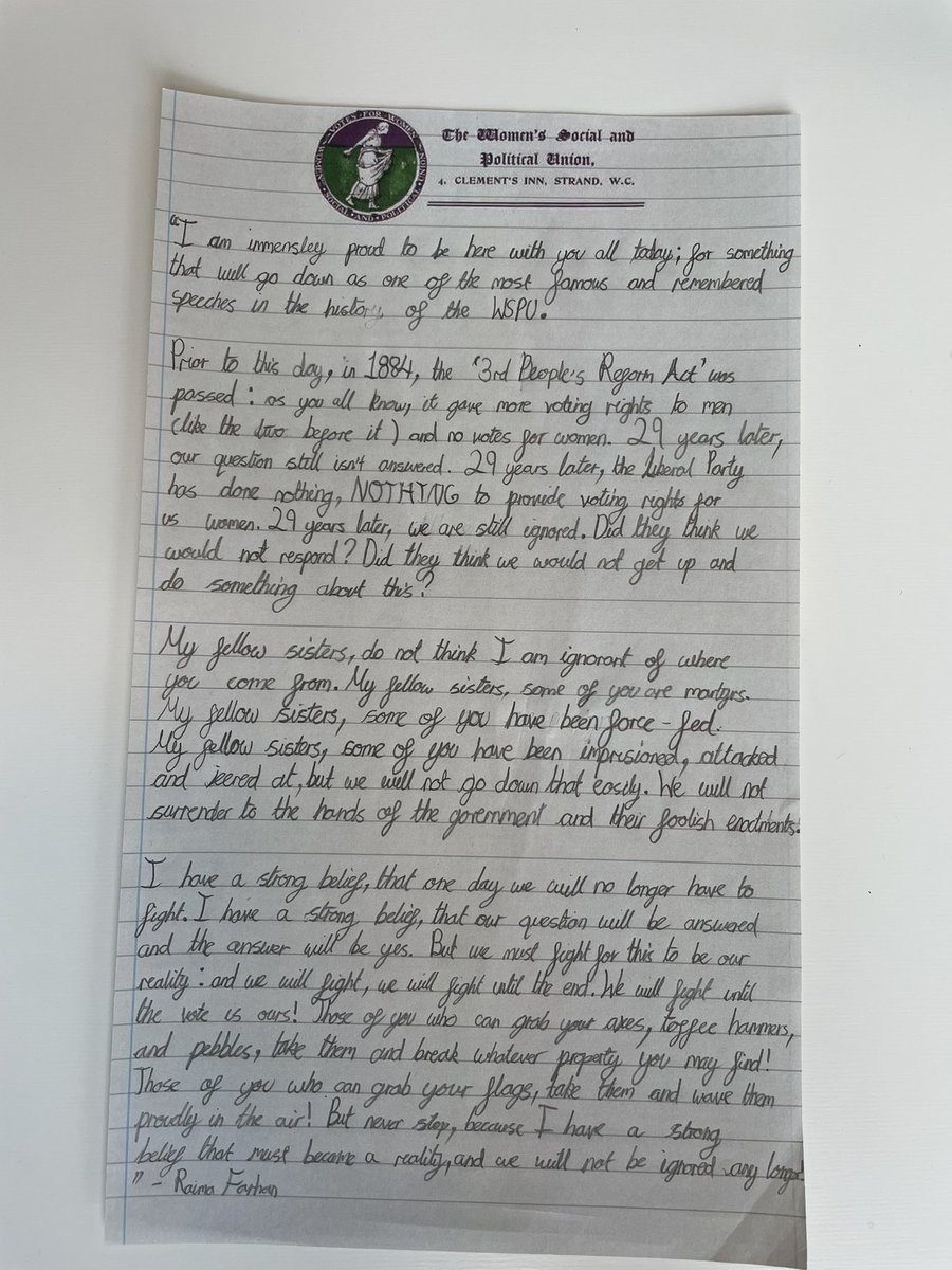 ASJSASIS's tweet photo. #Y6 were so inspired by ‘Suffragette: The Battle for Equality’ by David Roberts & wrote incredible persuasive speeches from the perspective of Suffragists in 1913, following the death of Emily Davidson. 💜🤍💚 #ASJS #wherethosewhoinspirecometobeinspired #activism @theliteracytree https://t.co/3UIkXqTxVu