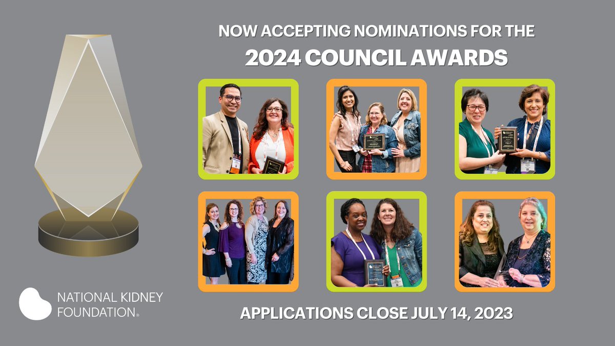 NKF_NephPros's tweet photo. The 2024 NKF Professional Council Awards season is here! Honoring nephrology Nurses, Techs, Social Workers, Dietitians &amp; Advanced Practice Providers for advancing nephrology clinical practice, research, education, legislation and more. NOMINATE BY JULY 14: https://t.co/dQ8piFAbok https://t.co/VZvIEfhgkl