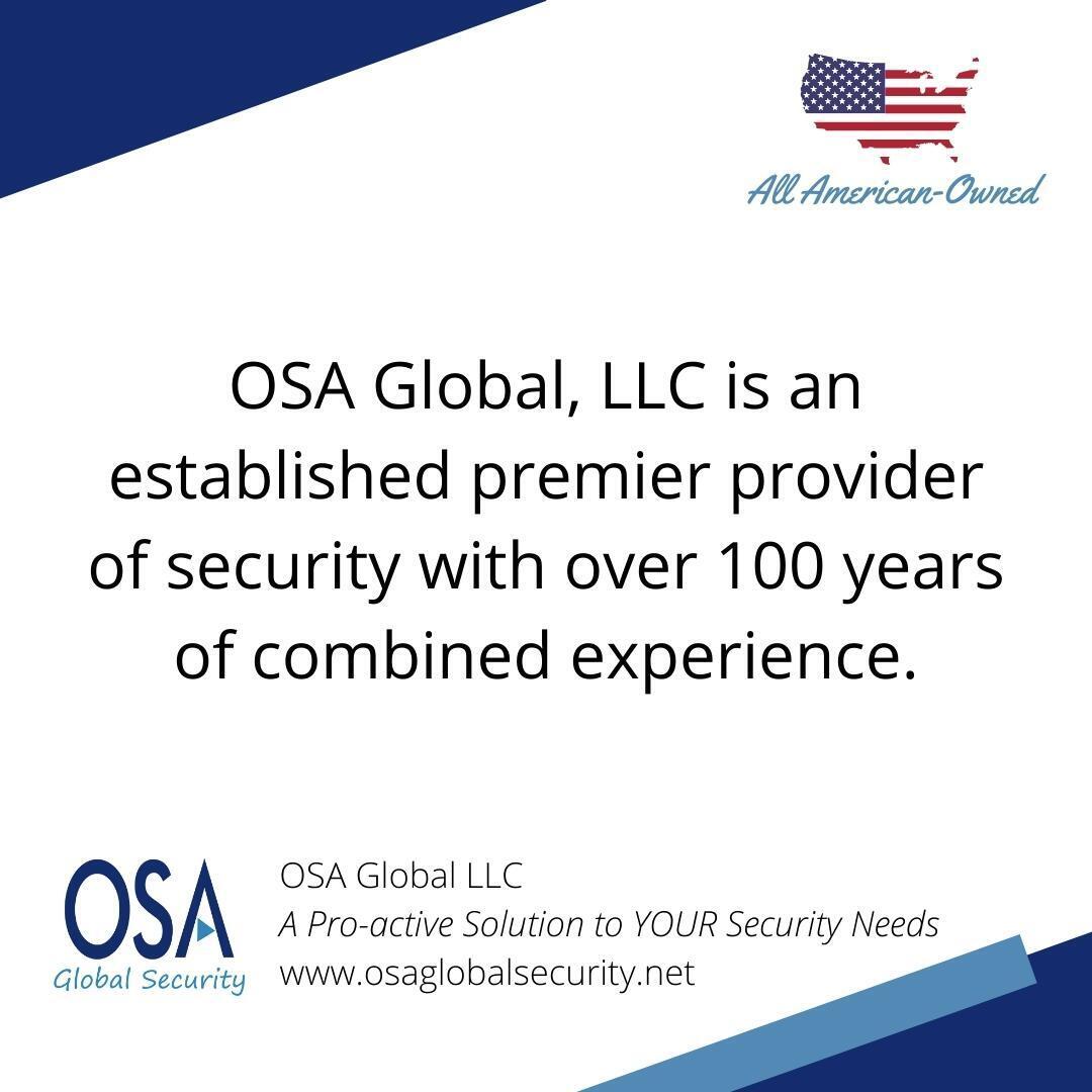 OsaGlobal's tweet photo. OSA Global, LLC is an established premier provider of security with over 100 years of combined experience.

#SecurityGuard #SecurityGuards #SecurityGuardServices #SecurityGuardJobs #SecurityGuardTraining #Bradenton #BradentonBusiness #ShopLocalBradenton https://t.co/WBs7Nsiyta