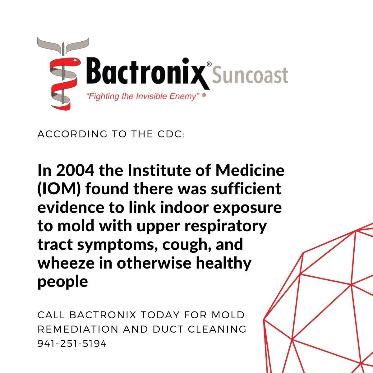BactronixS's tweet photo. According to the CDC, the IOM found there was sufficient evidence to link indoor exposure to mold with upper respiratory tract symptoms, cough, and wheeze in otherwise healthy people.  

#DisinfectingService #BradentonBusiness #SarasotaBusiness #TampaBusiness #SupportLocal https://t.co/mFAVX58tcf