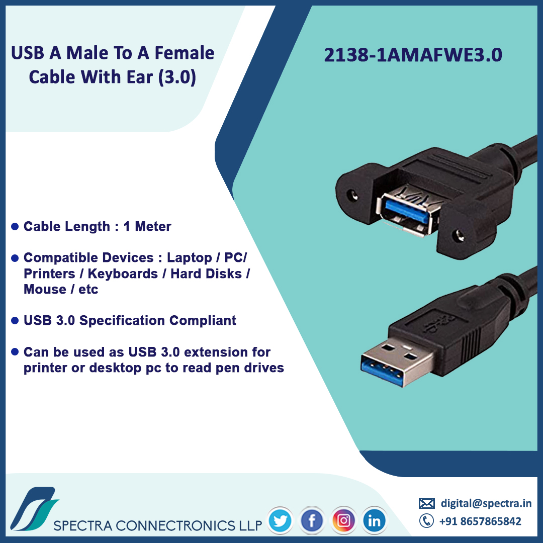 spectra_connect's tweet photo. Buy 1 Mtr-USB A Male To A Female Cable With Ear (3.0) now at https://t.co/2jV2Mdh0Kl
#totalconnectivitysolutions
#spectraconnectronics
#cable
#usbcable
#usb3.0
#extensioncable
#highspeed
#printers
#camera
#harddrive
#keyboard
#laptop
#mouse
#bestcable
#shopnow https://t.co/FXAb8CKJib