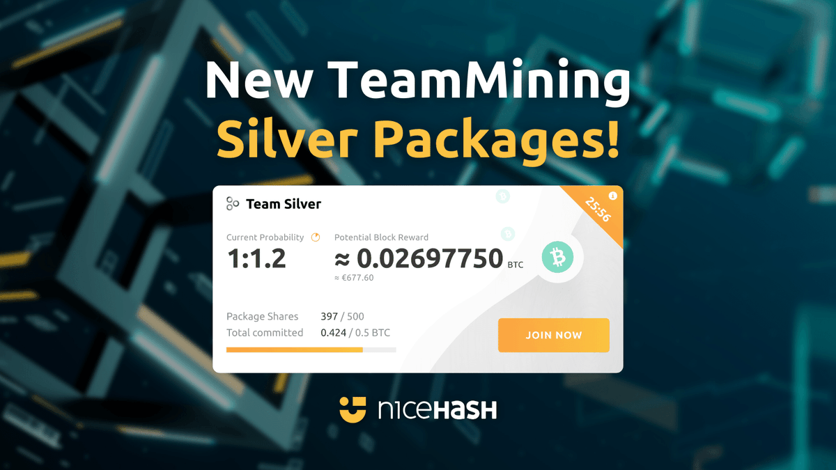 NiceHashMining's tweet photo. Teaming up with other miners makes it easier to catch blocks with #EasyMining βοΈ!
Give our new #TeamMining Silver packages a try π
https://t.co/IiVrha6IM7 https://t.co/bP5cp7kOxs