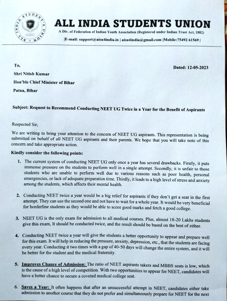 Official_AISU's tweet photo. Today we sent a representation to Hon'ble CM of Bihar @NitishKumar, requesting his recommendation to MoHFW for conducting NEET twice in a year. Hoping for positive results that will provide relief to NEET UG aspirants. #NEETUG2NDATTEMPT #NEETUG https://t.co/5oCe29ph9K