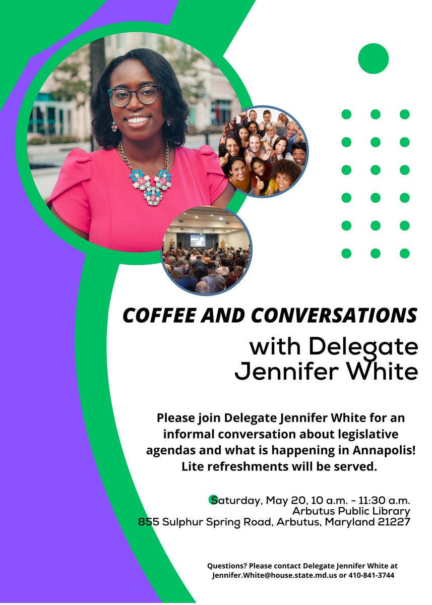 Drop in, and let's chat! Join me next Saturday, May 20th, from 10 AM - 11:30 AM, for coffee and conversations at the Baltimore County Public Library in Arbutus. @bcplinfo #MDGA2023 #Working4MD #District10